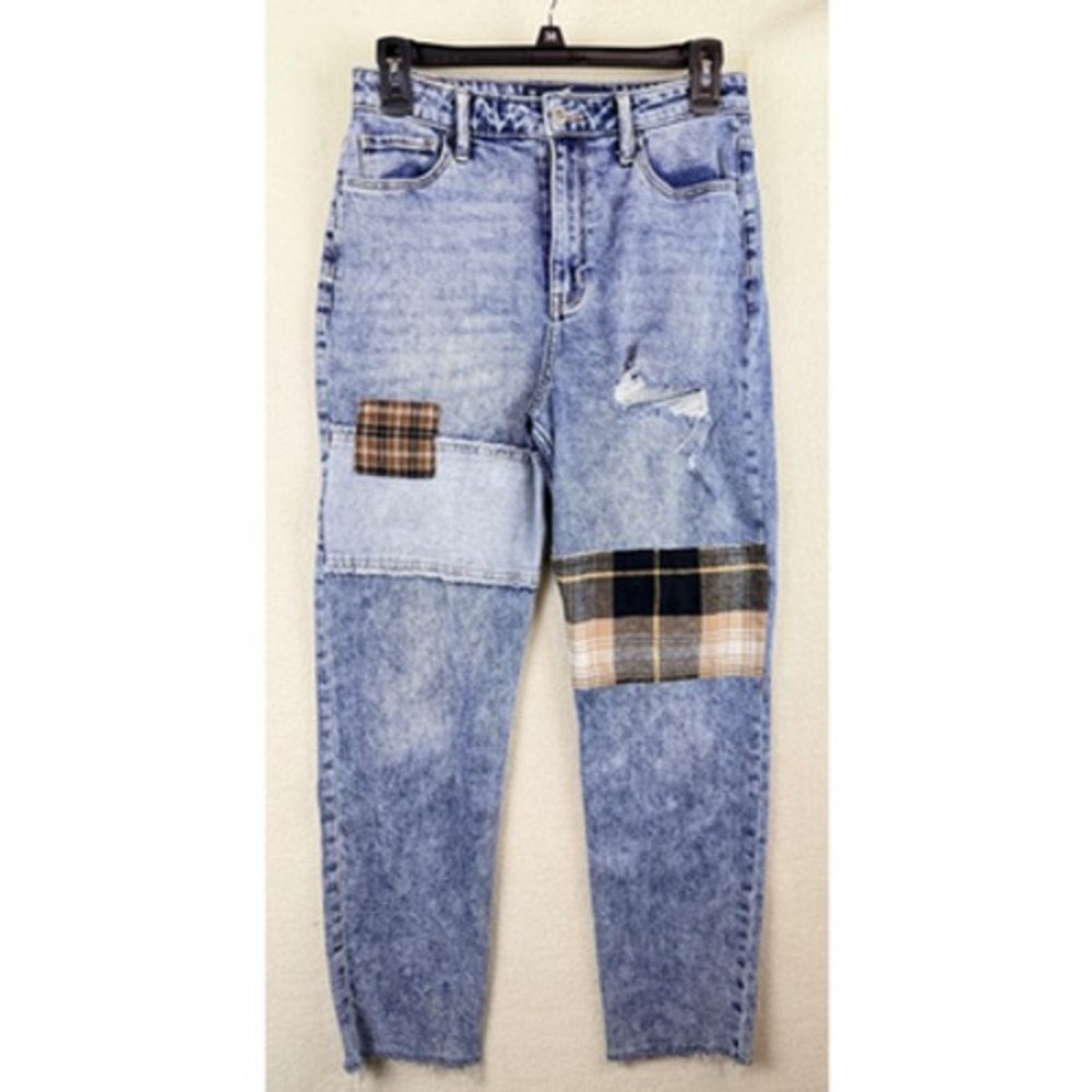 Hollister Jeans Womens 5R Blue Acid Wash Ultra High Rise Mom Plaid Patch Ripped
